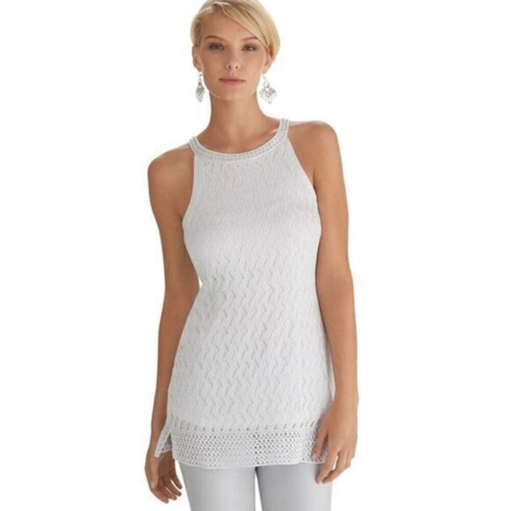 WHITE HOUSE BLACK MARKET EUC White Crochet Beaded Neck Halter Tunic XS